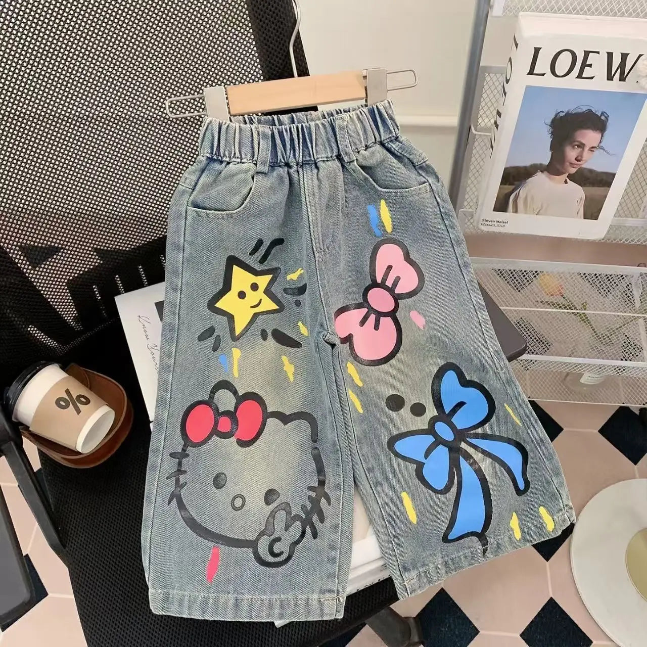 2026 Sanrio Hello Kitty Jeans Children Street Style New Loose Fit Trendy Cool Spring Autumn Fashion Long Denim Pants Casual Wear
