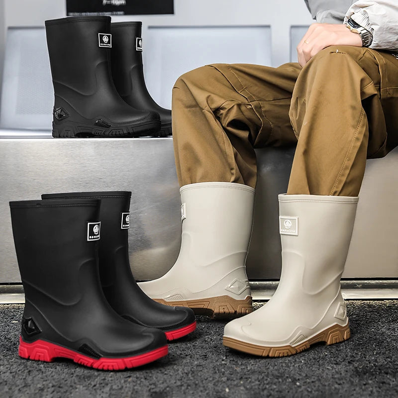 Rain Boots for Men, Non-Slip, Waterproof, High-Top Fishing Boots, Popular Work Safety Shoes, Rain Boots