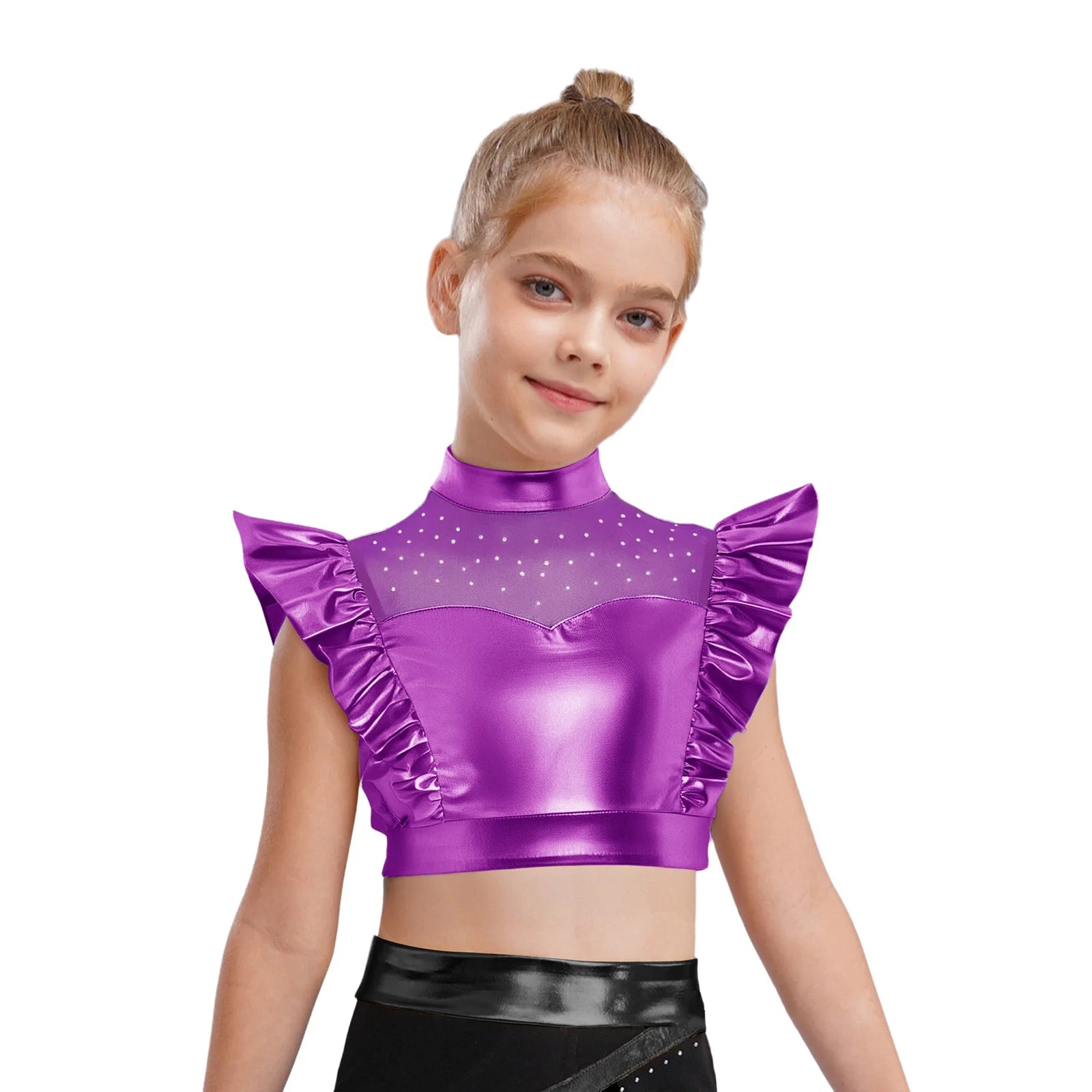 Kid Girls Hip Hop Dance Clothes Kids Jersey Sequin Tiered Skirt Long Tank Top Jazz Metallic Holographic Crop To Cheerleading Set
