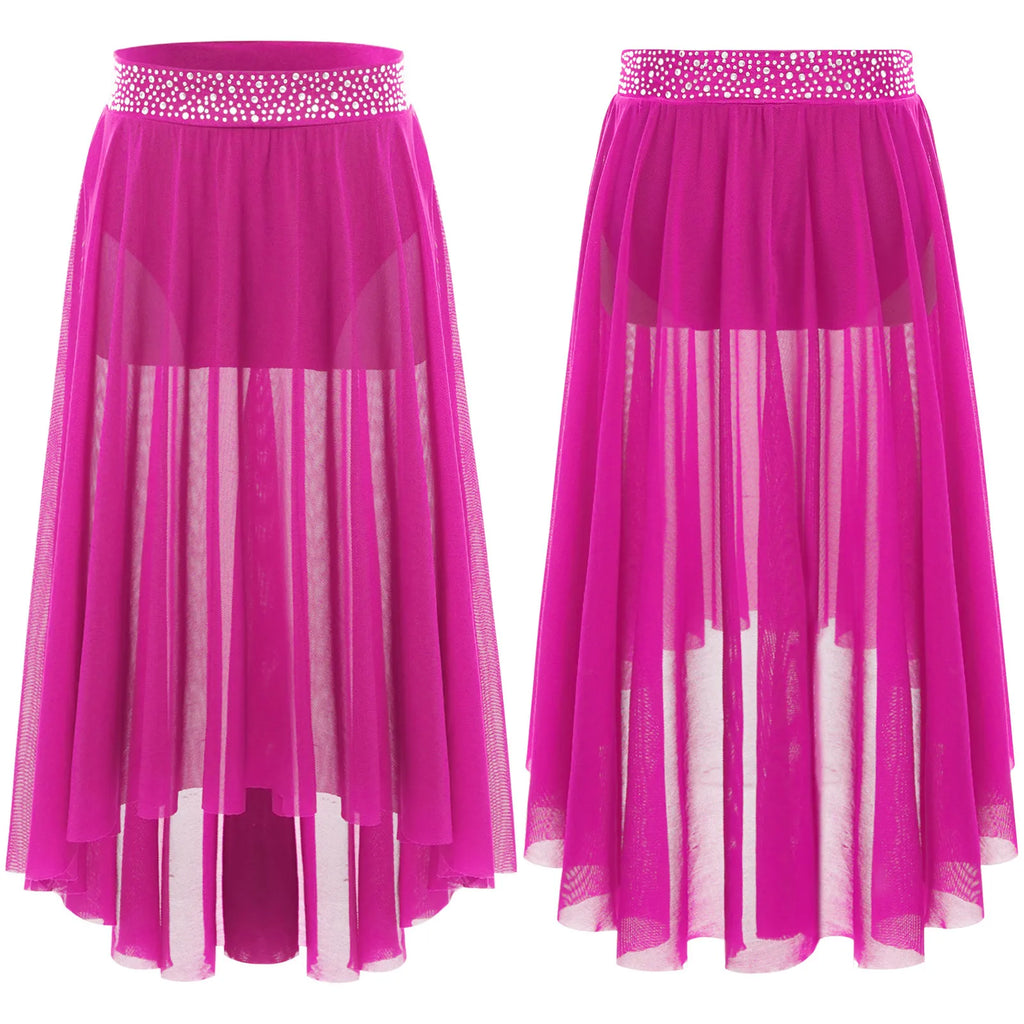 Kids Girls Lyrical Modern Dance Skirt Shiny Rhinestones Open Front Flowy Sheer Mesh Skirt with Built-in Briefs Ballet Dresses