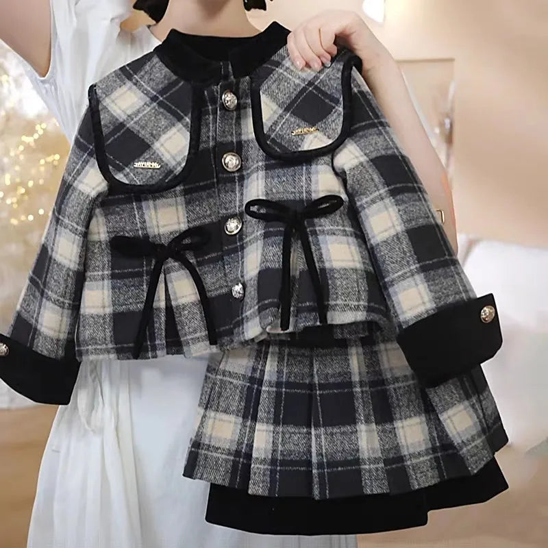 Girls Set Autumn Winter College Style Thick Cotton Jacket And Pleated Skirt Two-Piece Set Children's Outfit