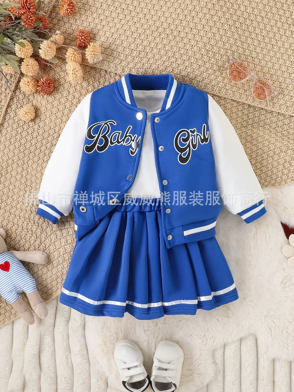 Kid Girl Cute Outfit Two Piece Set Children Casual Dress Baseball Jacket Coat Top Embroidered Letters Pleated Skirt Sporty Style