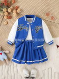 Kid Girl Cute Outfit Two Piece Set Children Casual Dress Baseball Jacket Coat Top Embroidered Letters Pleated Skirt Sporty Style