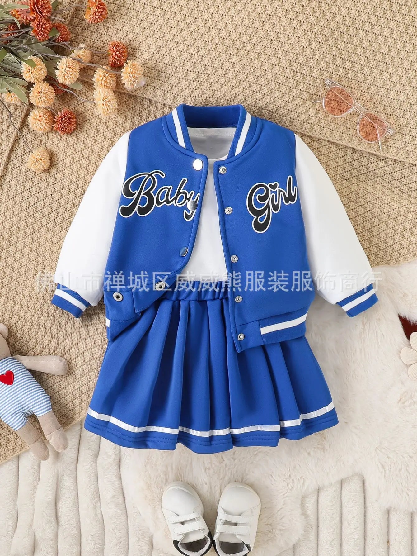 Kid Girl Cute Outfit Two Piece Set Children Casual Dress Baseball Jacket Coat Top Embroidered Letters Pleated Skirt Sporty Style