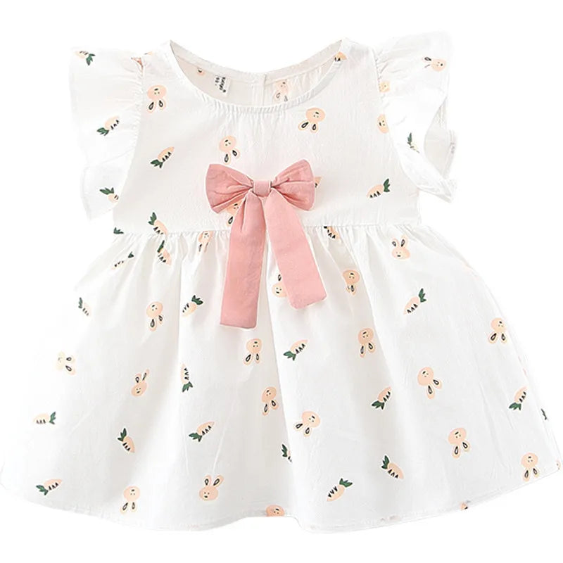 Summer Baby Girls Dresses Toddler Clothes Fashion Cartoon Print Short Sleeved Bow Princess Dress Newborn Children Cute Clothing