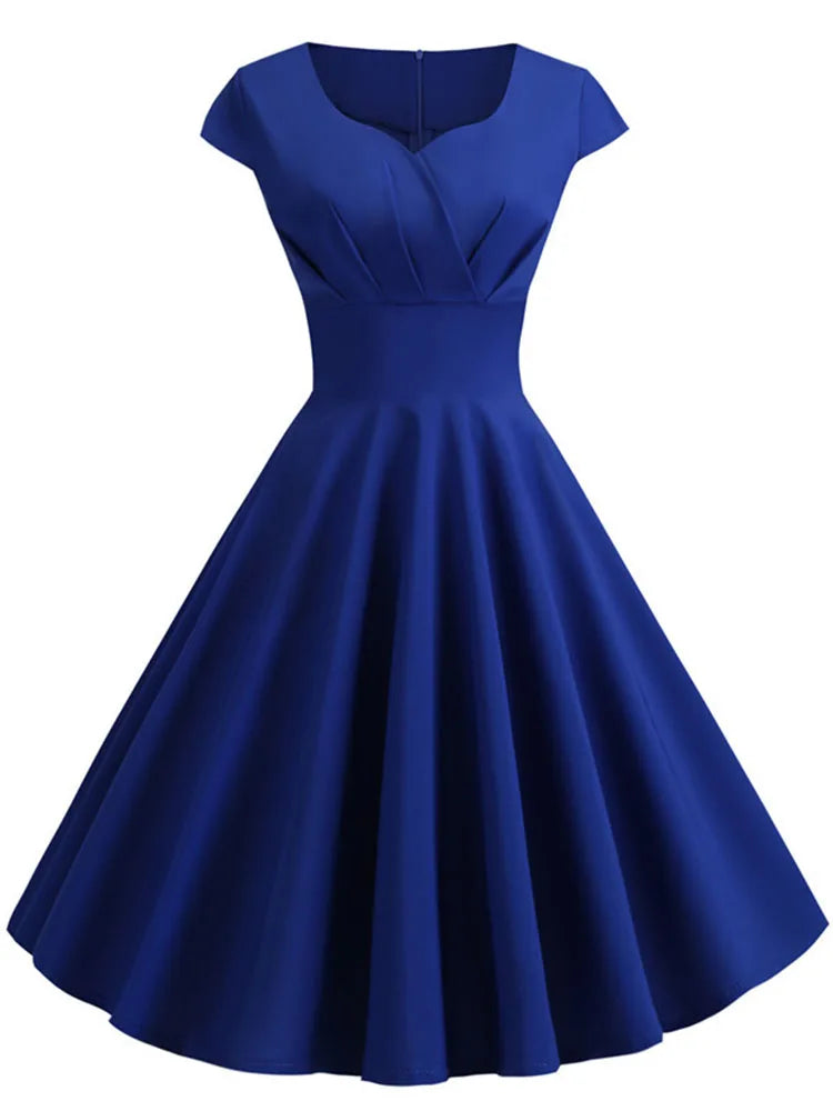Summer Dress Women Short Sleeve Hepburn 50s 60s Vintage Pin Up Rockabilly Dress Robe Elegant Evening Party Dress