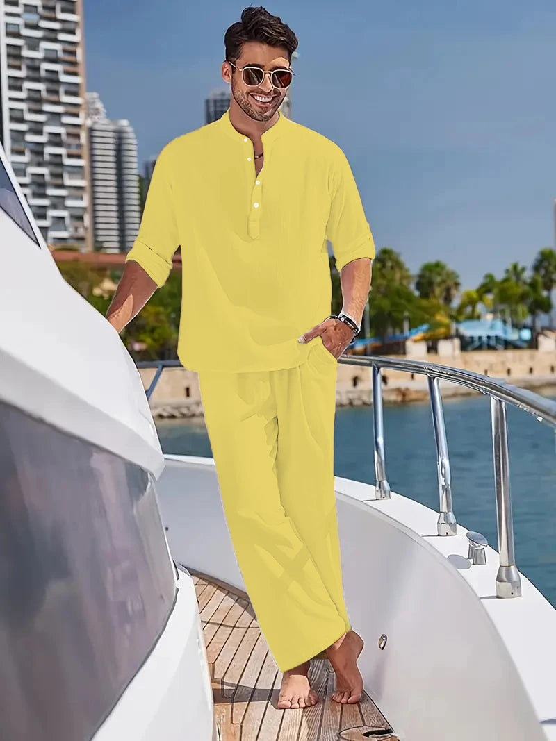Men's White Linen Suit Set Long Sleeve Henley Shirt and Elastic Waist Pants Two Piece Outfit Summer Casual Comfortable