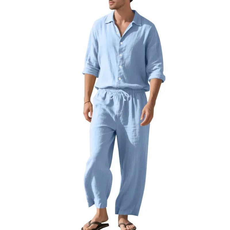KIDWHXR Man 2-piece Outfit Spring Single-breasted Long Sleeve Shirts Male Drawstring Trousers Men Thin Cotton Linen Casual Set