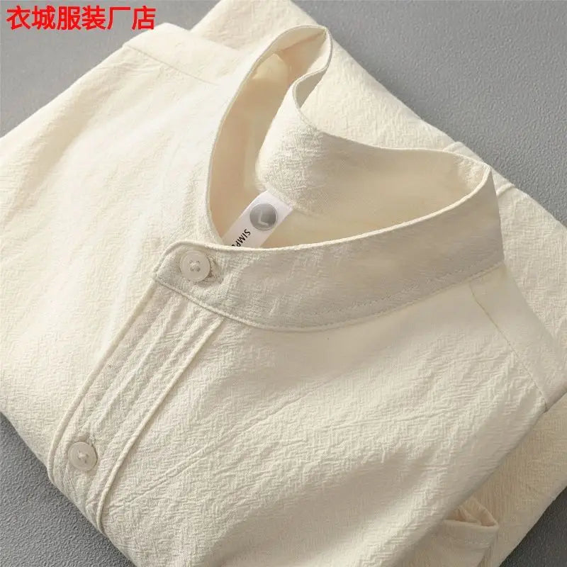 2026 Japanese Stand-up Collar Short-sleeved Shirt Men's Henry Collar Cotton Linen Round Neck Five-point Sleeve T-shirt