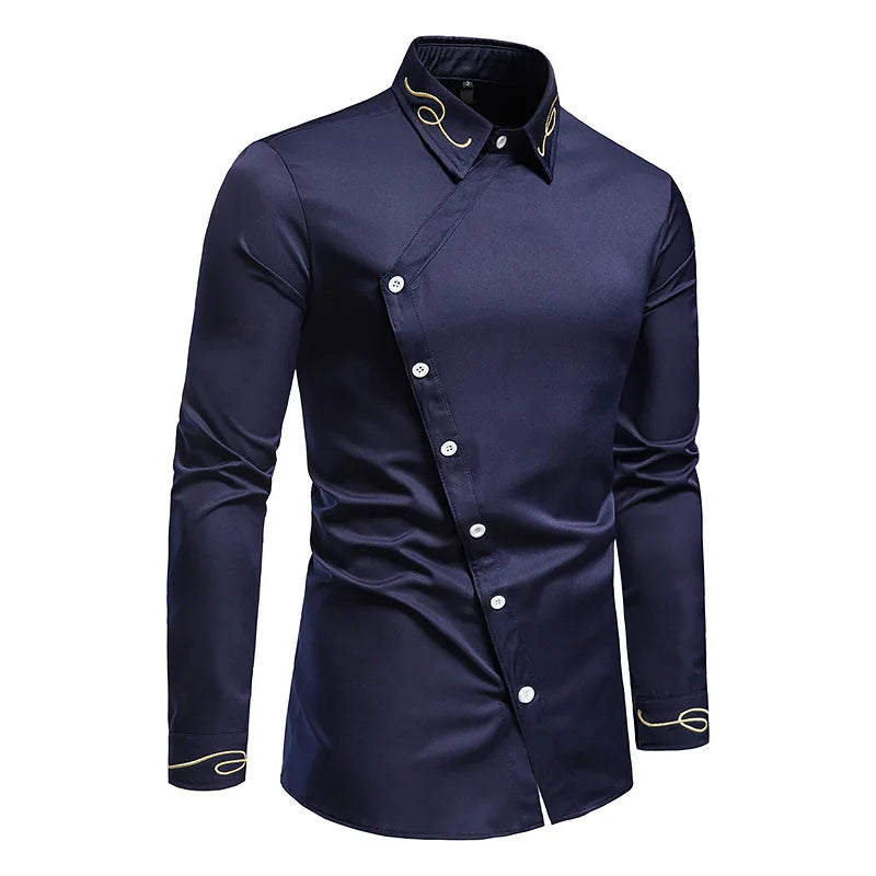 Men's Irregular Oblique Button Up Dress Shirts Streetwear Luxury Elegant Embroidery Business Shirt Chemise Homme Mens Blouses