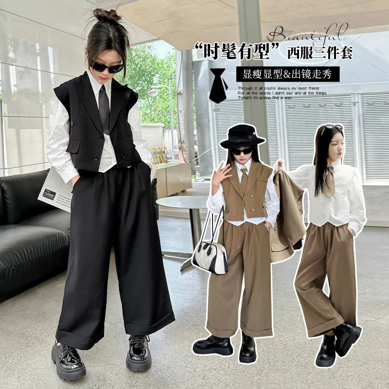 New Girls Blazer Suit Clothing Sets 2026 Spring Autumn New Kids Vest+Pants Fashion Loose Formal Teens Casual Outfits 3-14 Years