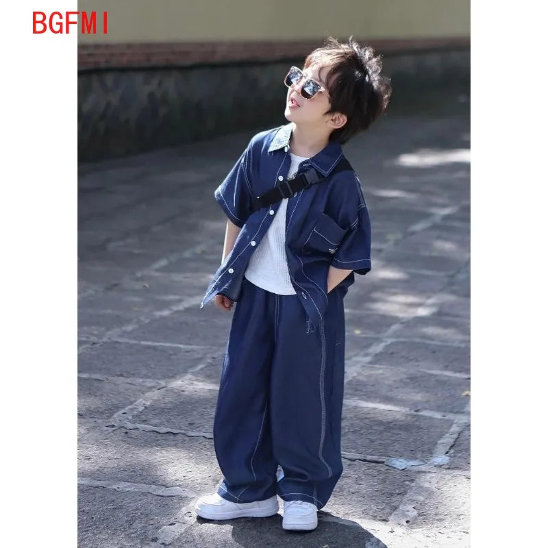Teens Handsome Boy Short Sleeved Thin Denim Shirt and Pants 2pcs Set 2025 New Children's Summer Suit for Boys and Girls Outfits