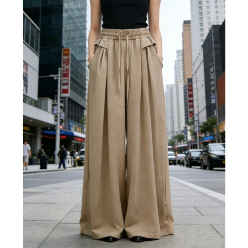Women's Trousers New Fashion Solid Color High Waist Lace Up Thin Women's Wide Leg Pants Simple Drape Loose Casual Female Pants
