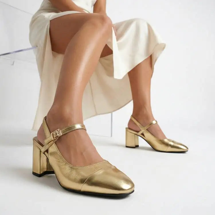 Mary Jane Colorful Leather Single Shoes Female Round Toe Back Empty Buckle Strap Women’s Sandals 7cm Chunky High Heels Office DE