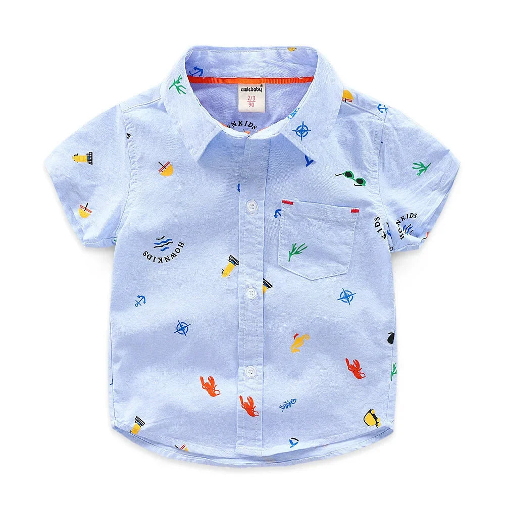 2 3 4 5 6 Years Boys Short Sleeve Collar Shirt Summer Children's Clothing Cotton Toddler Kids Cartoon Casual Tops White Blue