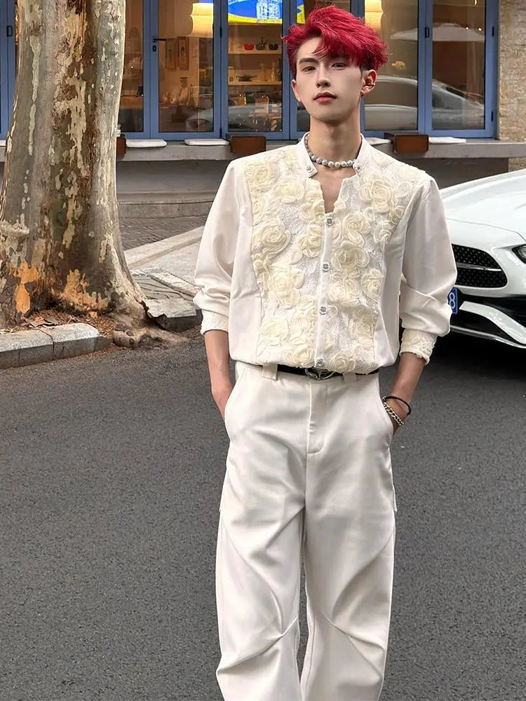 Men's Cream Stand Collar Long-Sleeve Shirt with Rose Embroidery Decorative Buttons Men's Shirts Fashion Men's Clothing