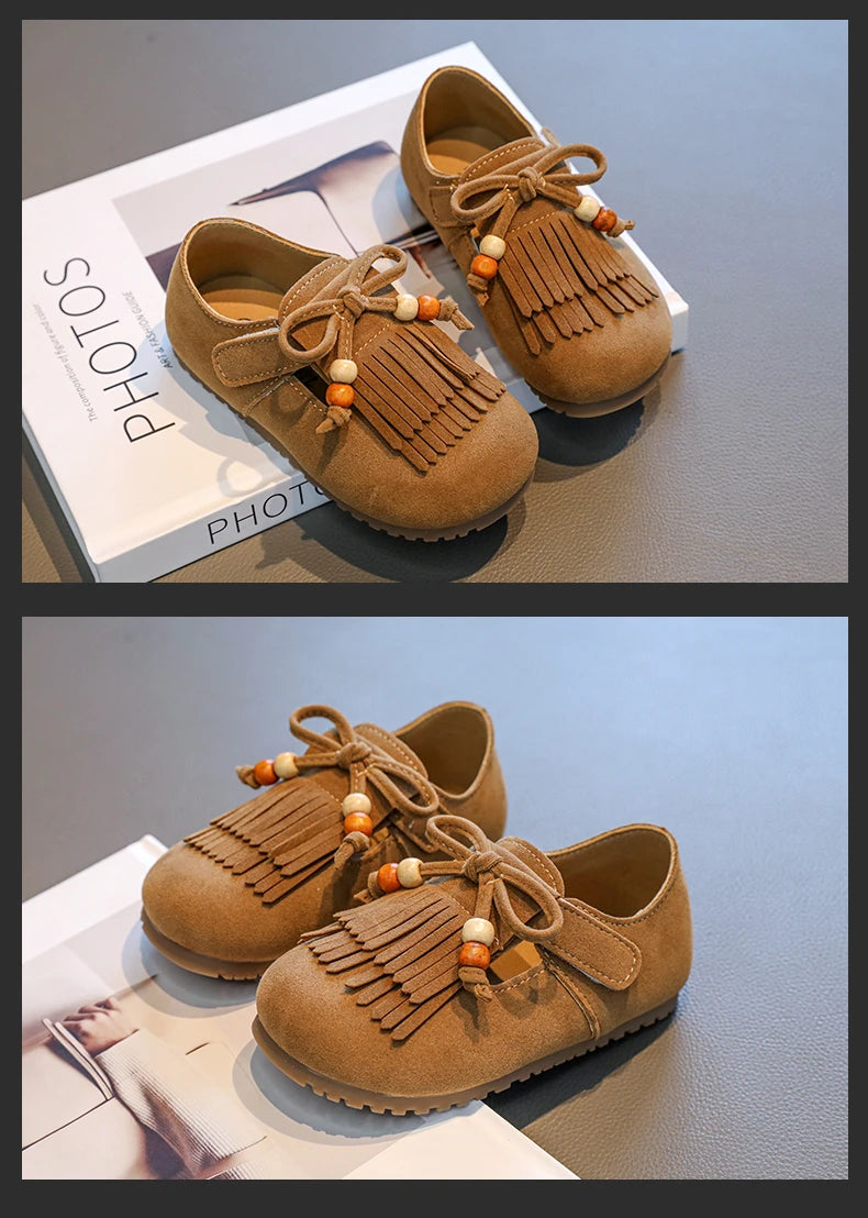 Girls' All-inclusive fringed Boken shoes 2025 Autumn Edition Soft-soled little girl princess Shoes Children's Bean single shoes
