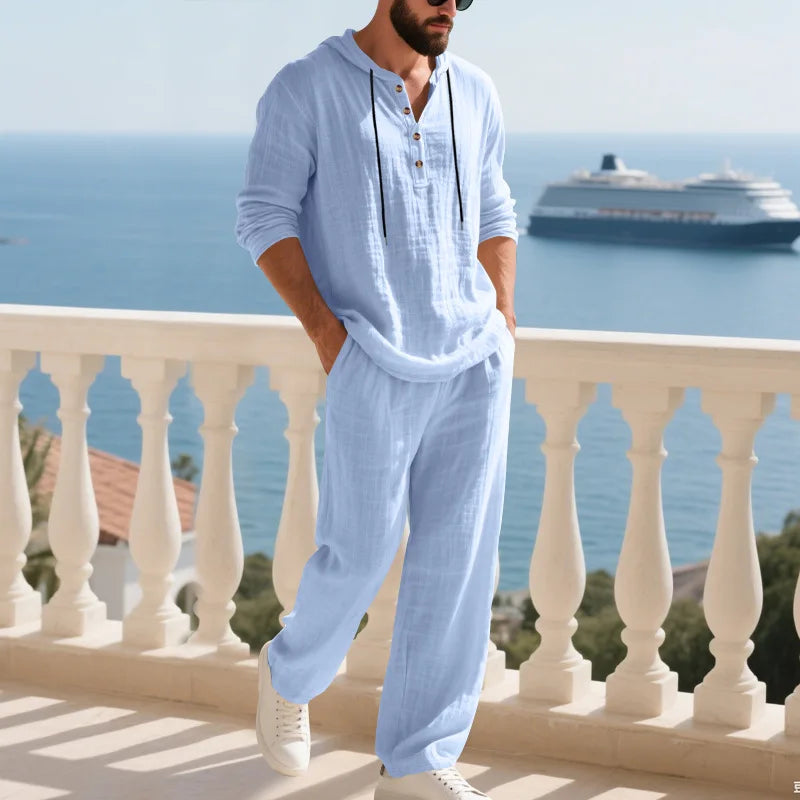 Men's Linen Hooded Sets 2 Piece Outfit Summer Casual Long Sleeve Hoodie and Wide Leg Pants Set for Men