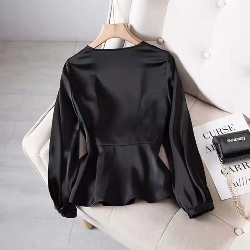 L-4XL Blouses Women Elegant Solid Black V-neck Design Button Bow Shirts High Street Fashion Slim Long Sleeve Tops Lady Clothing