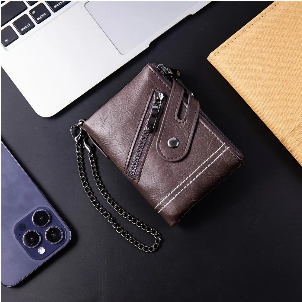 New Men's Chain Wallet RFID Anti-Theft Men's PU Leather Wallet Double Zipper Coin Purse Credit Card Holder for Men and Women