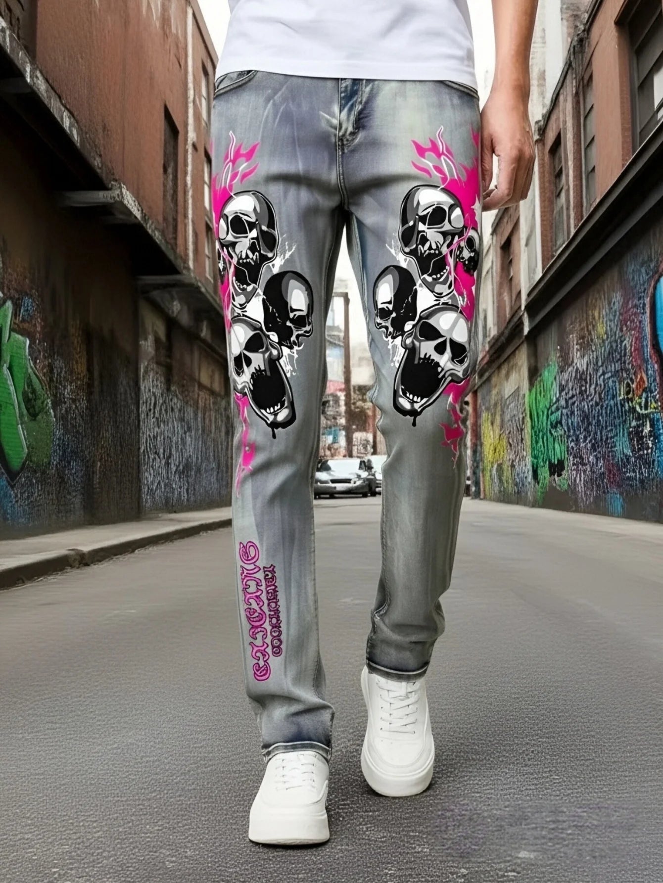 Men's Jeans With Fashionable Devil Print  High Waisted and Wide Leg Style  Enjoy Promotional Discount With Free Shipping