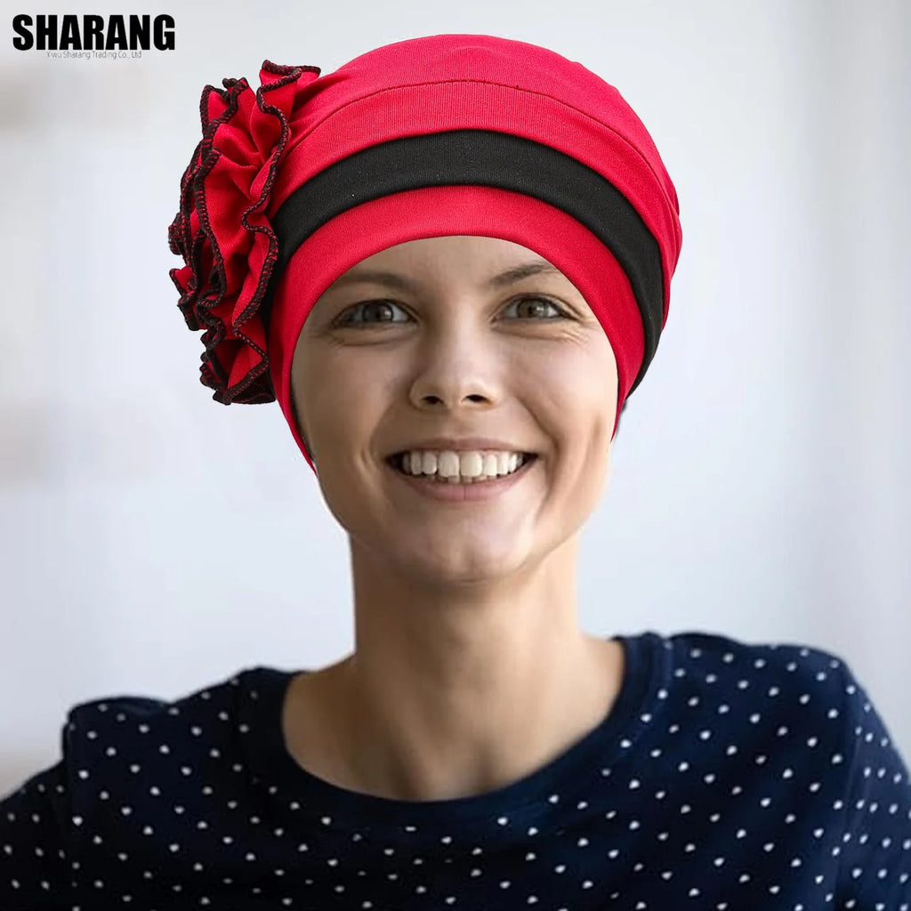 Africa Nigeria Women Wear Directly Hijabs Turban Beanie Hat Wth Flower Chemo Headwear Elastic Head Wrap Cap