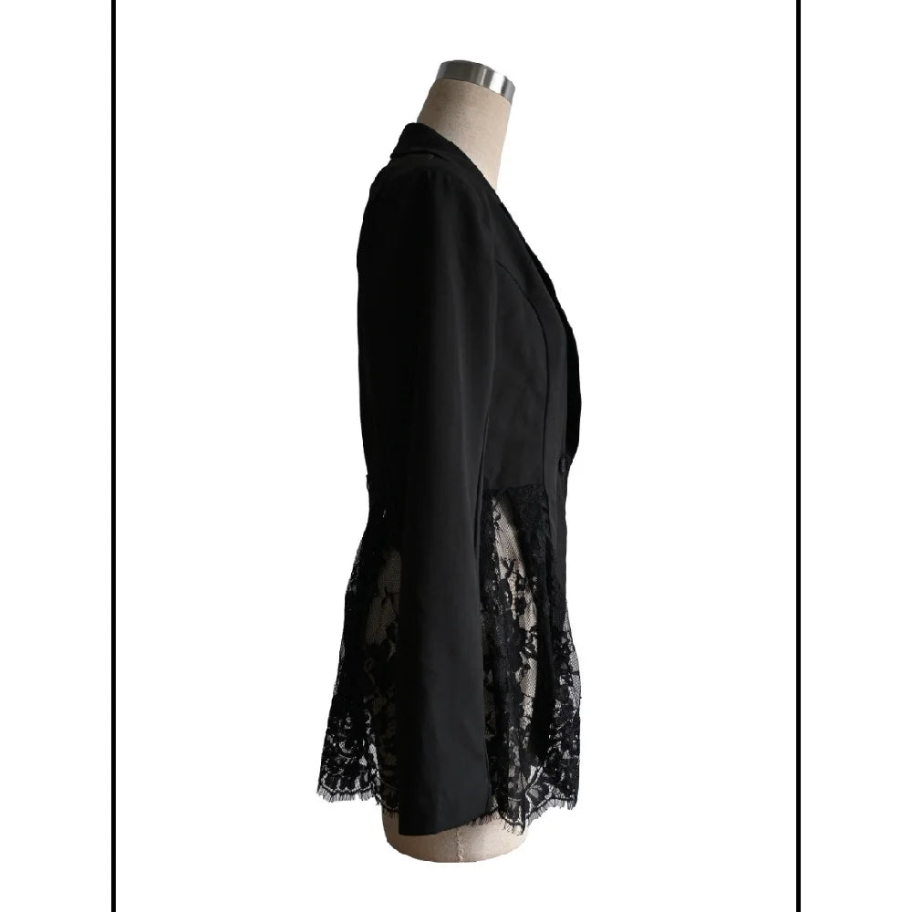 Women Elegant Blazer Suits Ladies Spring Autumn Long Sleeve Single Button Jackets Coats with Lace Hem