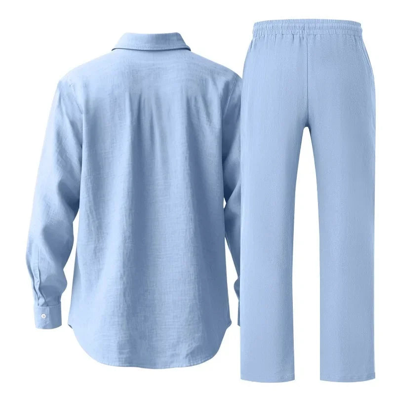 KIDWHXR Man 2-piece Outfit Spring Single-breasted Long Sleeve Shirts Male Drawstring Trousers Men Thin Cotton Linen Casual Set