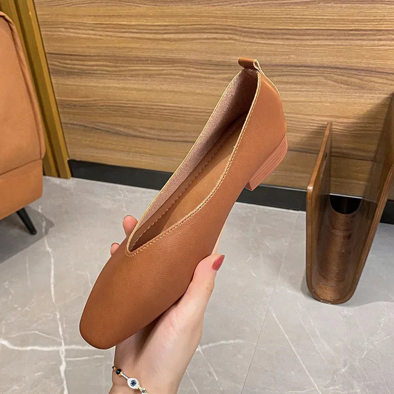 Genuine Leather Multi-color Low-heeled women's Shoes  Round Toe Flat Bottom Shallow Cut Single Shoe Casual Versatile Loafers