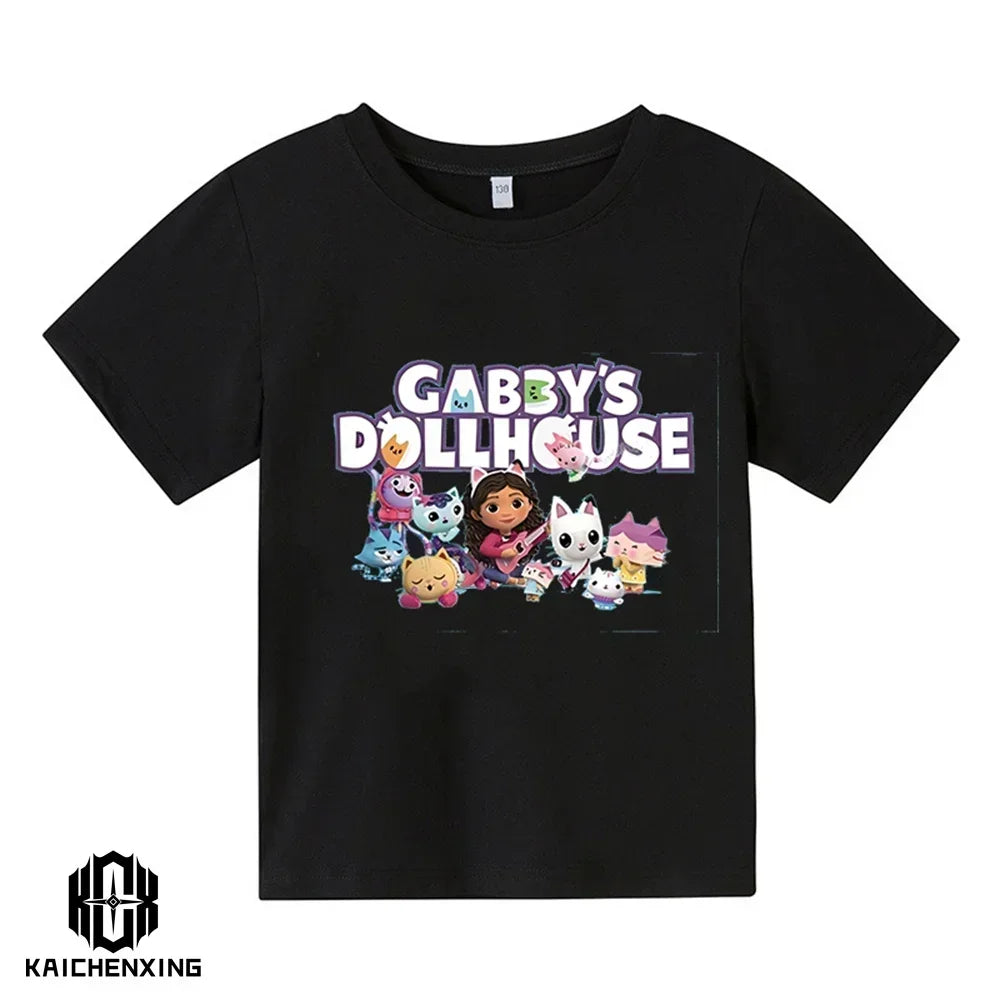 Little Girl T-shirts Kawaii Gabbys Doll House T Shirt Graphic Print Cute Kids Clothes Pink Tshirts Aesthetic Girls Clothes Top