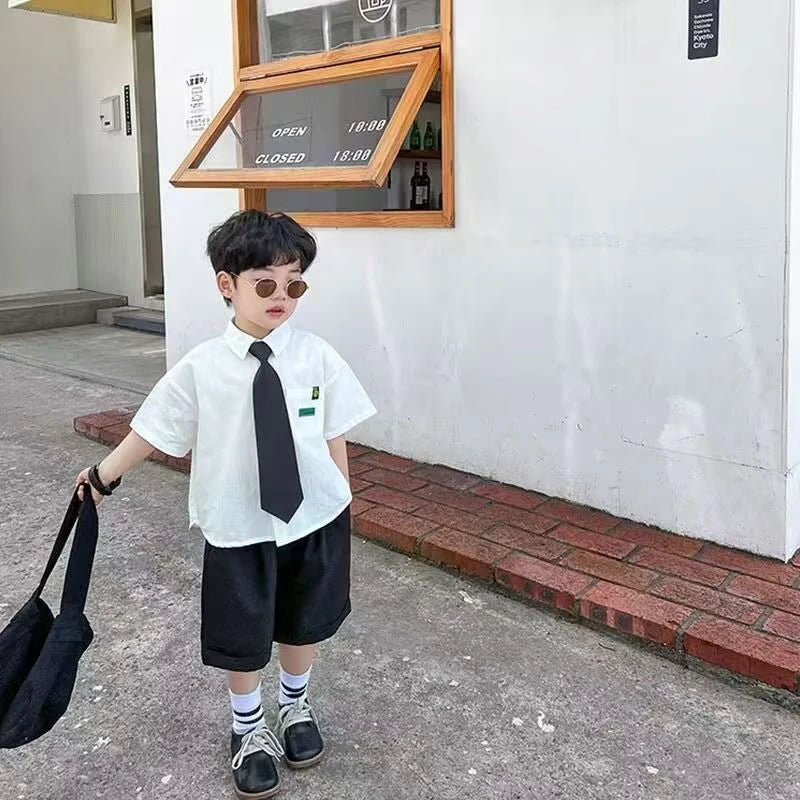 Boys Summer Formal Clothing Set 3PC Gentleman Outfit Short Sleeve Shirt Shorts with Tie for Toddler Kids Party School Daily Wear