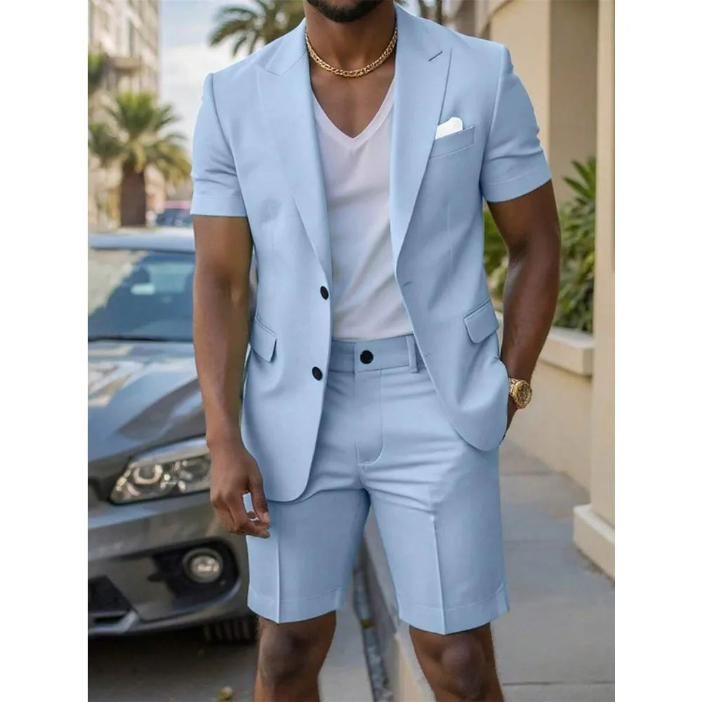 Summer Men Suits With Short Sleeves Short Pants Slim Fit Casual Blazer Shorts Set Fashion Menswear for Holiday Business Casual