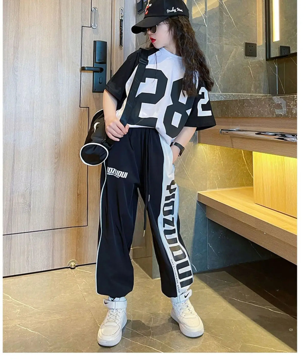 Girls Summer New Fashion Sports Cotton 2pcs T-shirts+Pants Suits 5-14 Years Teenage Girls Hiphop Oufits Tops Sets Kids Clothing