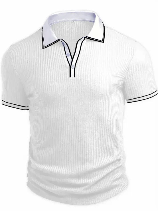 Men Ribbed Knit Polo Shirt Short Sleeve Turn Down Collar Contrast Trim Button Placket Slim Fit Casual Top