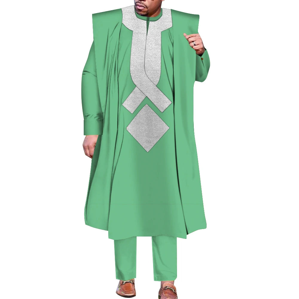 African Men Boubou Dashiki Agbada Robe Suits 3 Piece Sets Slim Men African Outfit Nigerian Clothes Bazin Riche Robe WYN1361