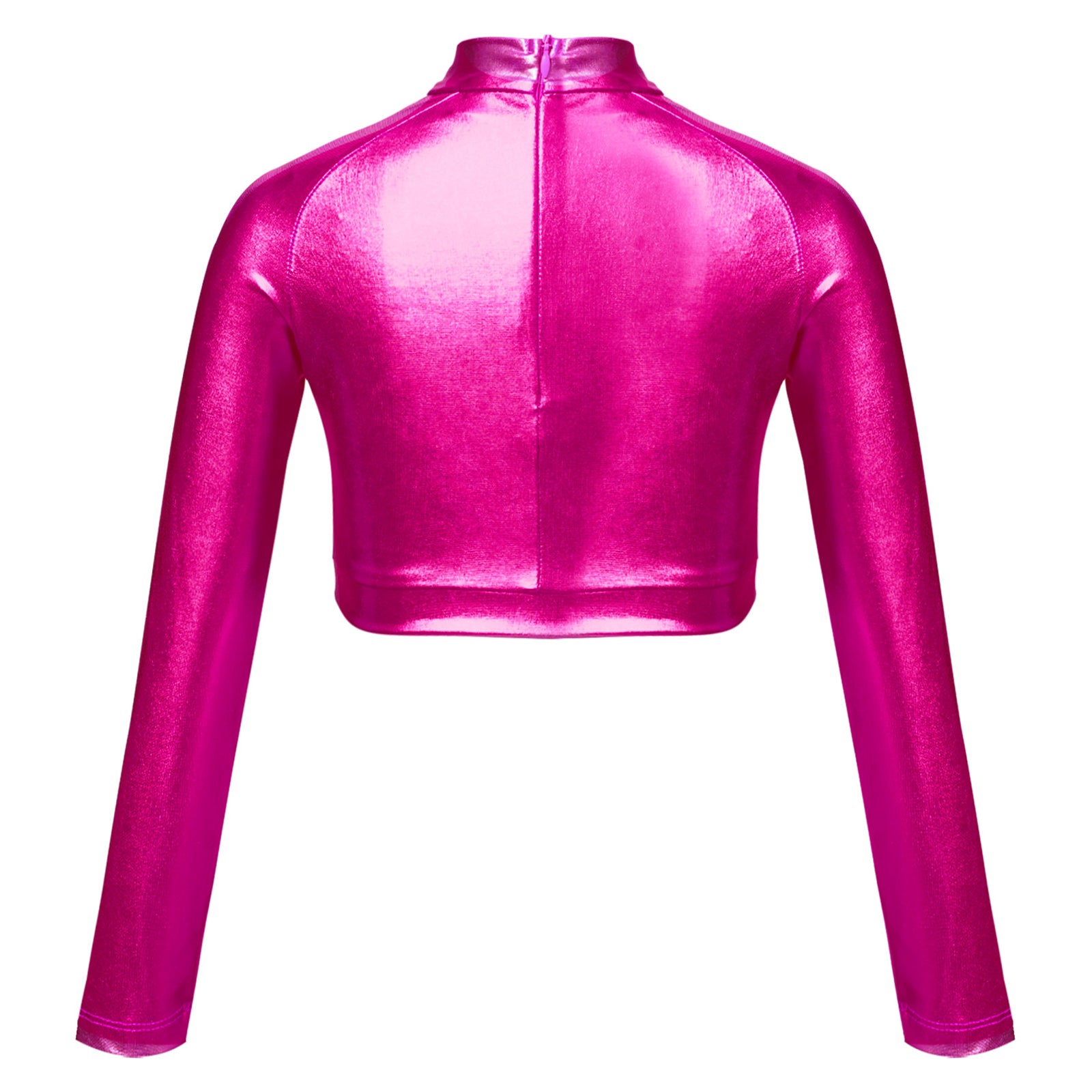 Kids Girls Shiny Metallic Crop Top Mock Neck Long Sleeve Front Sequin Fully Lined Athletic T-Shirts Jazz Hip-hop Dance Tops