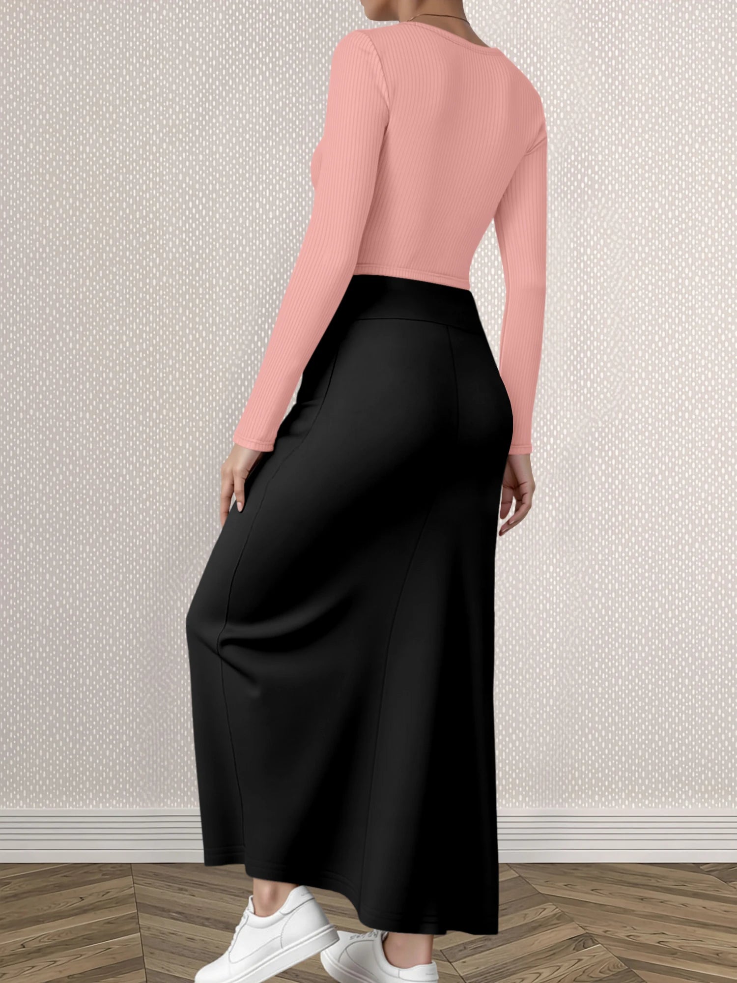 Mature Style Women 2Pcs Outfit, Ribbed Square Neck Crop Top + High Waist Draped A-Line Maxi Skirt