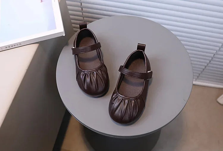Girls Soft Sweet Princess Dance Shoes for Party Wedding Children's Fashion Pleated Leather Shoes Kids New Chic Solid Color Flats