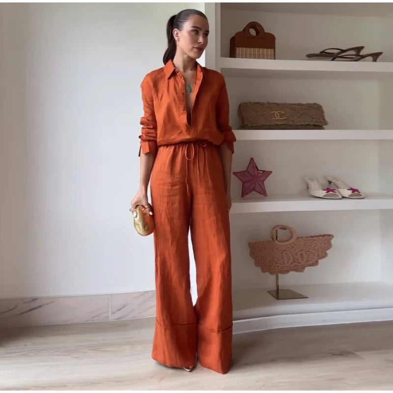 Shirt Trousers 2 Pieces Set For Women Solid Turn Down Collar Long Sleeves Single Breasted Top Lace Up Pants 2025 Ladies Outfits