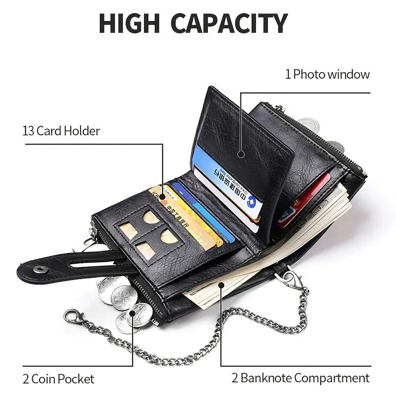 New Men's Chain Wallet RFID Anti-Theft Men's PU Leather Wallet Double Zipper Coin Purse Credit Card Holder for Men and Women