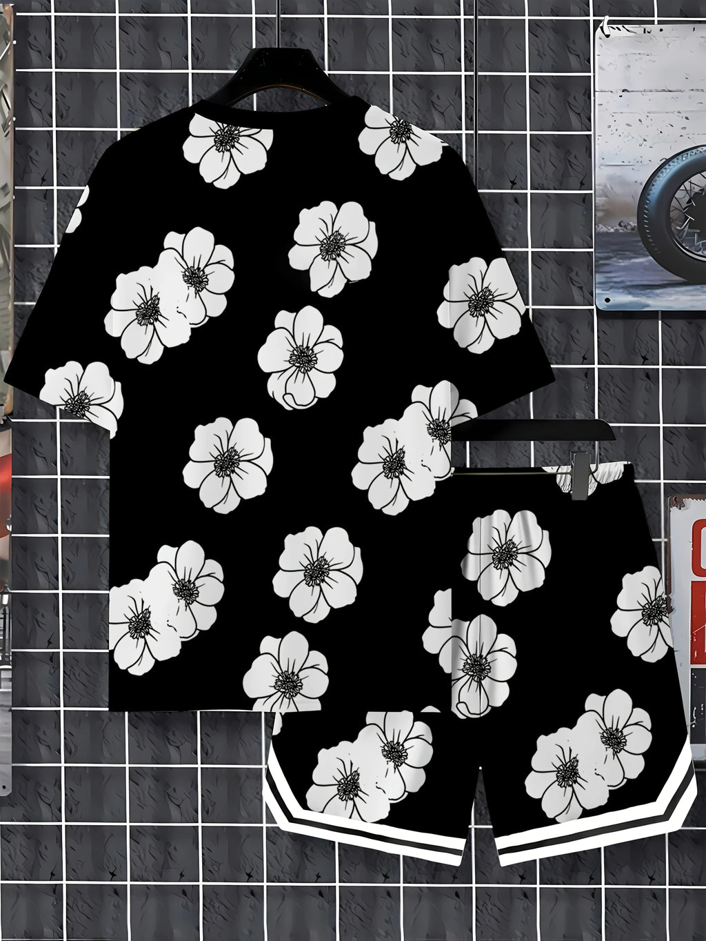 Summer 2025 new men's wear set 3D printed flower outdoor casual fashion set