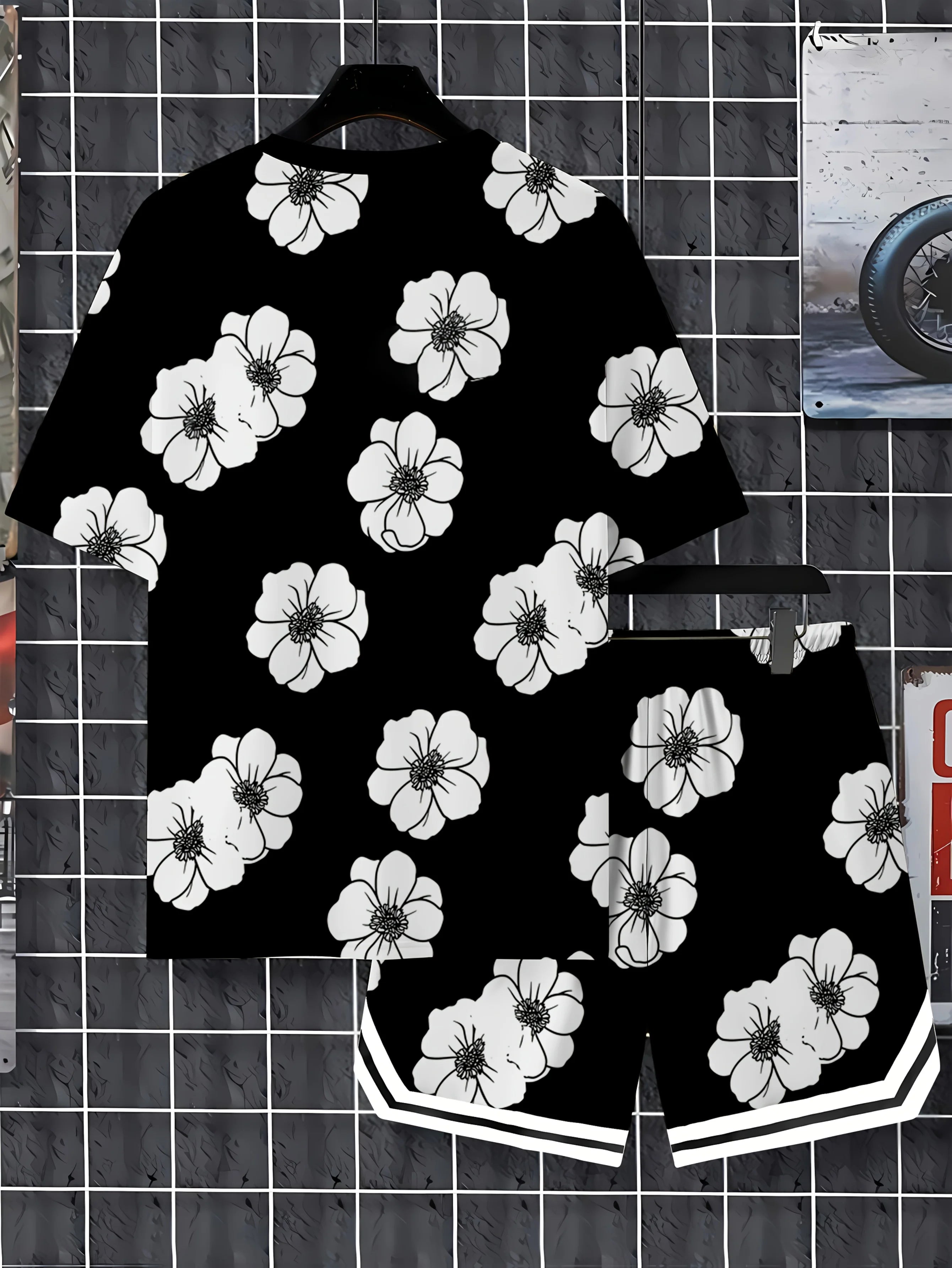 Summer 2025 new men's wear set 3D printed flower outdoor casual fashion set