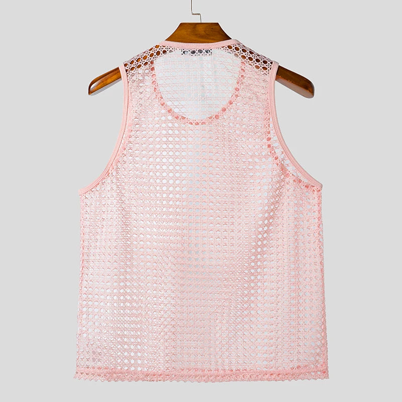 Summer Men Tank Tops Mesh Transparent O-neck Sleeveless Male Vests Sexy Vacation INCERUN 2025 Streetwear Fashion Men Clothing