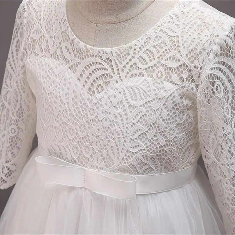 Elegant Dress For Teenage Girl Lace White Long Sleeve Wedding Princess Dresses For Children Prom First Communion Long Puffy Gown
