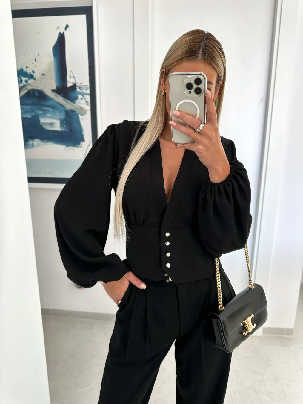 Women V Neck Puff Long Sleeve Blouse Cinched Waist Button Down Cropped Top