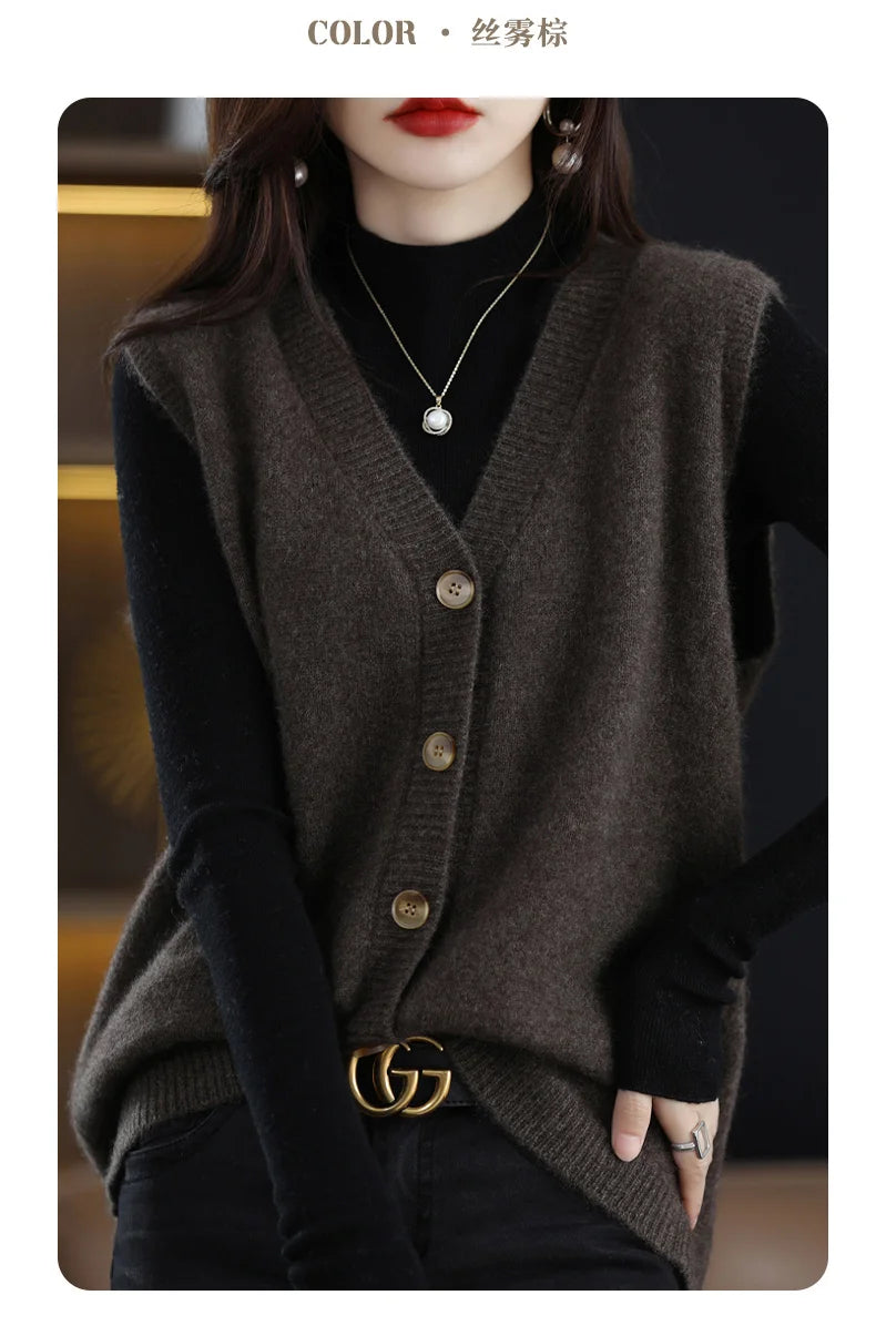 Girls Wear New Women's Loose High-End Waistcoat Knit Vest Wool V-Neck Solid Color Button Sleeveless Fashion Coat Cardigan Trend