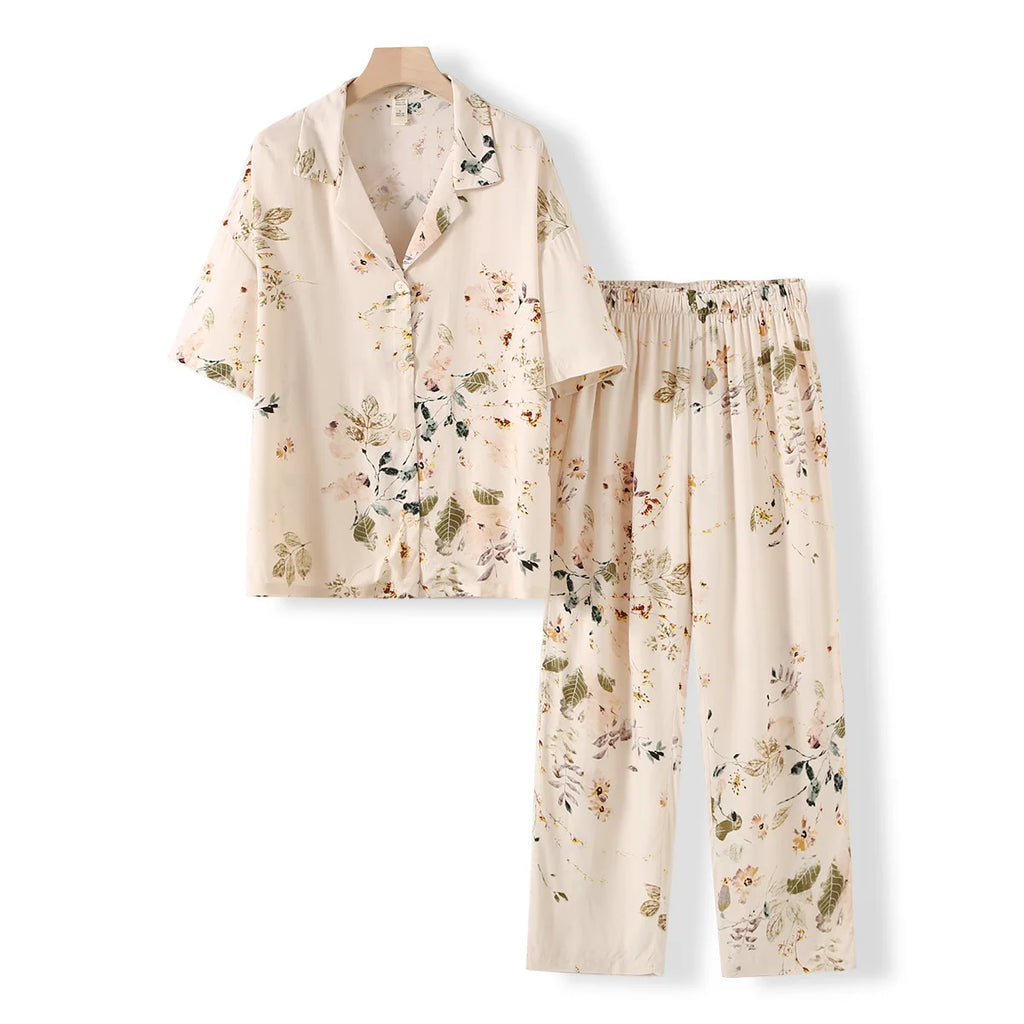 Elegant Versatile Floral Shirt & Shorts/Pants Set Women French Style Silky Viscose Loungewear 2Pcs Summer Pajamas Outerwear Top