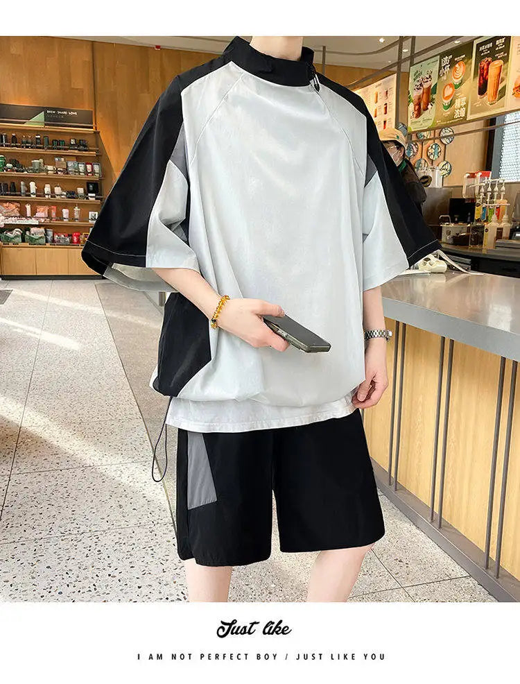 【T-Shirt + 5-Point Shorts】Men's T-Shirt Set Summer Fashion Nylon Blend Diagonal Neck Streetwear Sports Leisure Two-Piece Suit