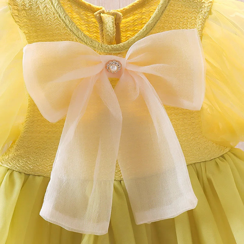 Summer Newborn Girls Clothes Korean Fashion Cute Bow Short Sleeve Mesh Baby Dresses First Birthday Dress Baby Clothing B227