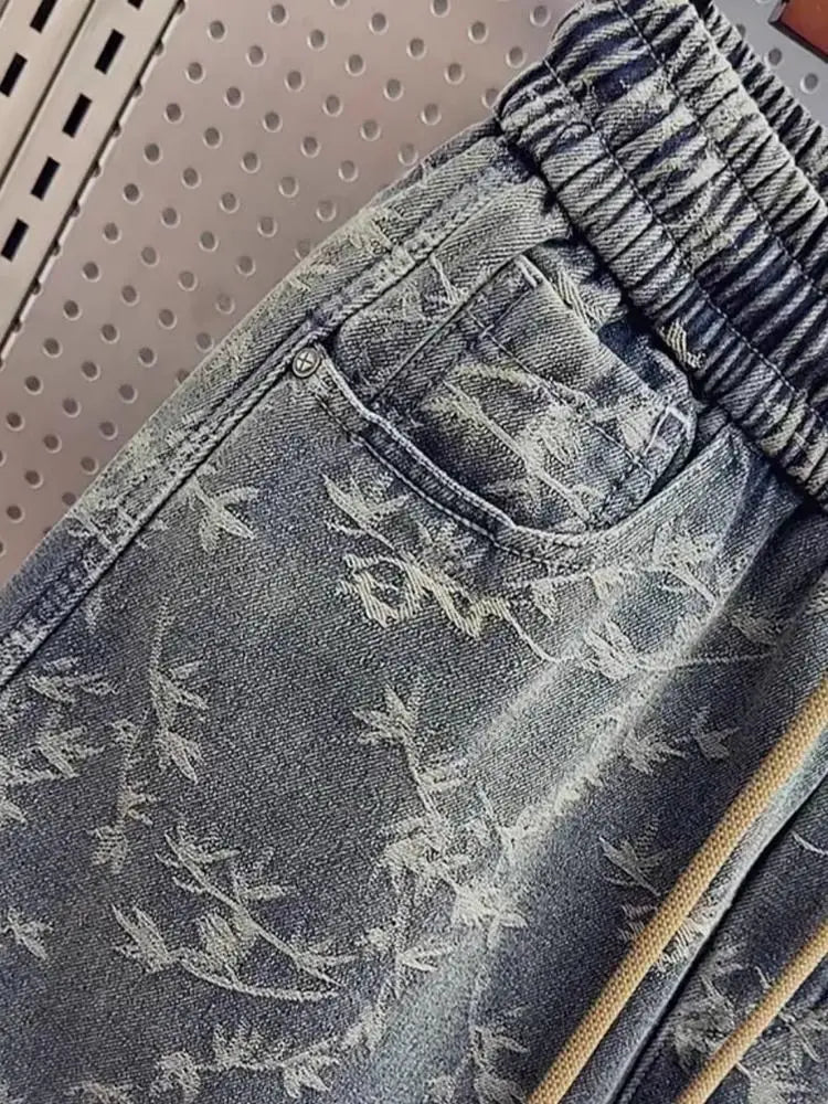 Men's Jeans Loose Jacquard Casual American Waist Drawstring Ties Versatile Trendy Spring and Autumn Harem Pants